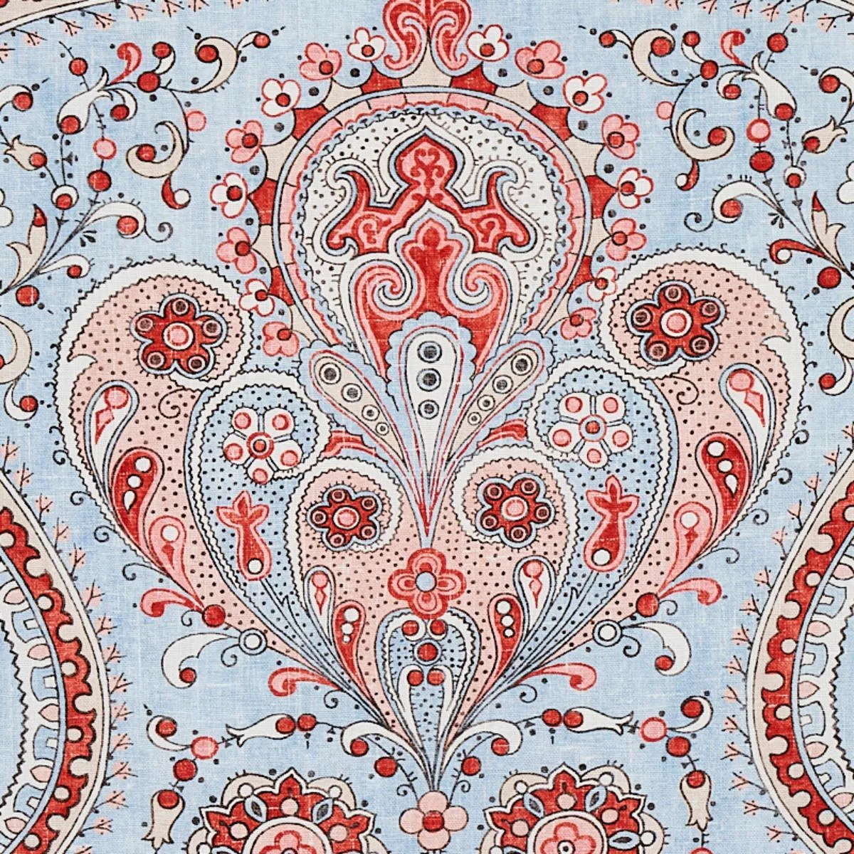 Schumacher 179861 Paisley Court Sky & Rose fabric swatch