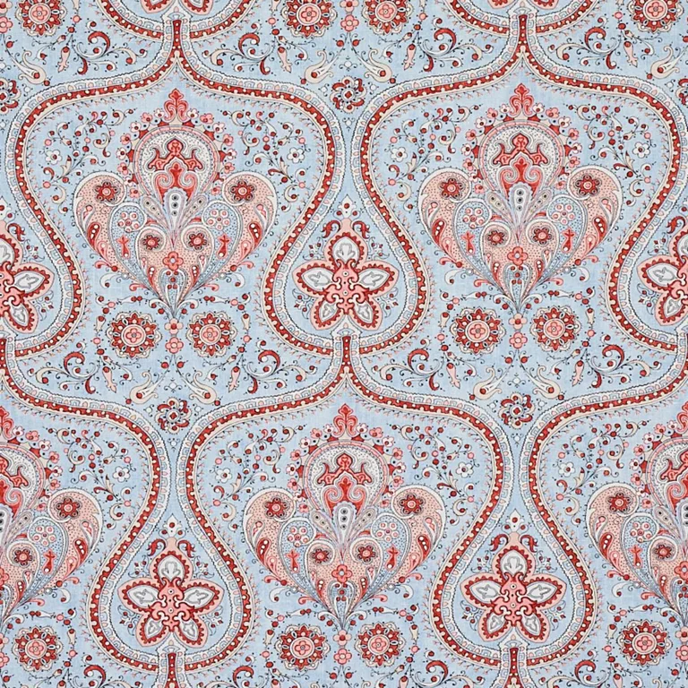 Schumacher 179861 Paisley Court Sky & Rose fabric swatch