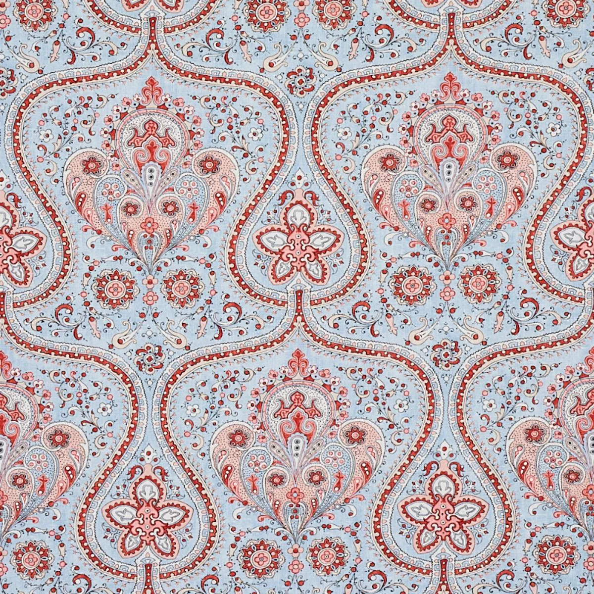 Schumacher 179861 Paisley Court Sky & Rose fabric swatch