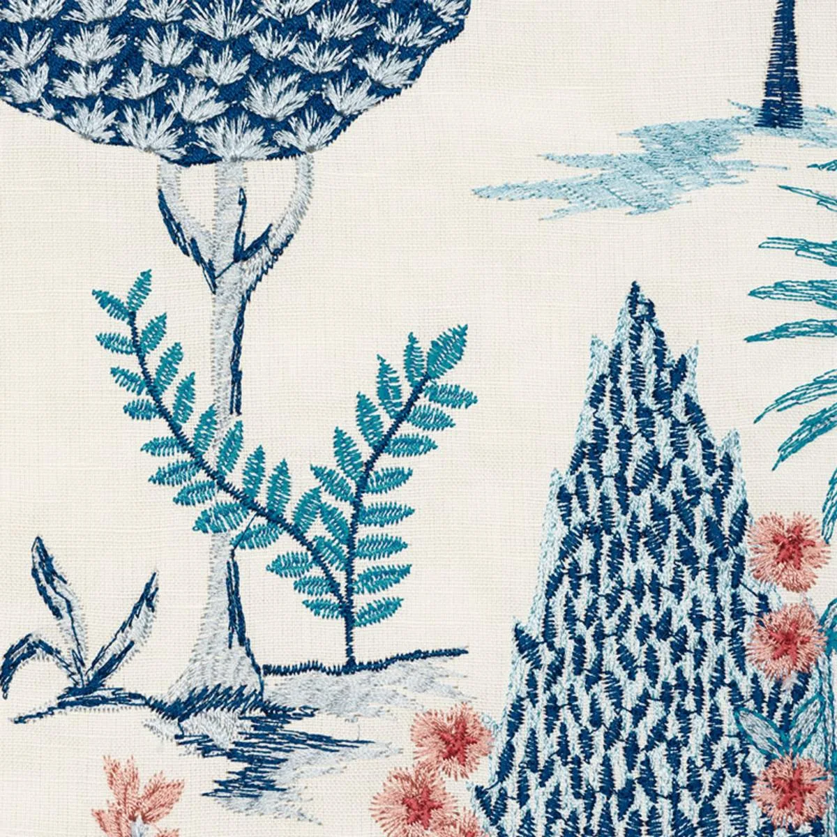 Schumacher 74170 Pandora Embroidery Delft & Rose fabric swatch