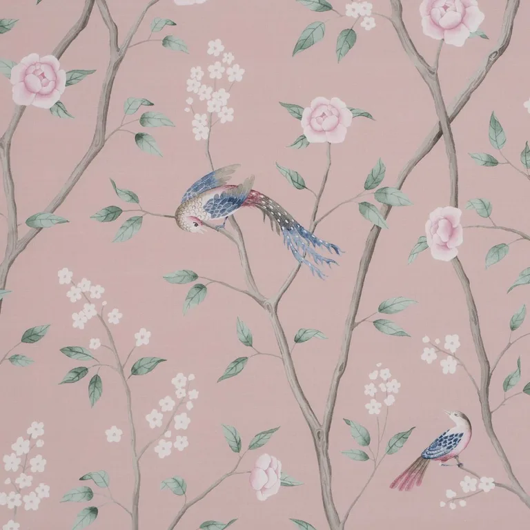 Schumacher 183031 Paradise Birds Blush fabric swatch