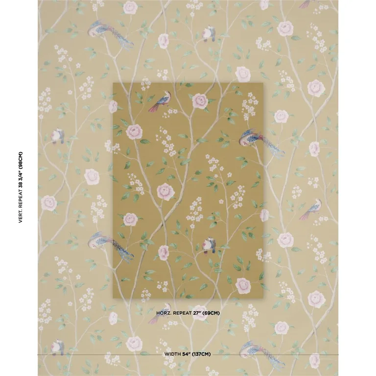 Schumacher 183032 Paradise Birds Gold fabric swatch