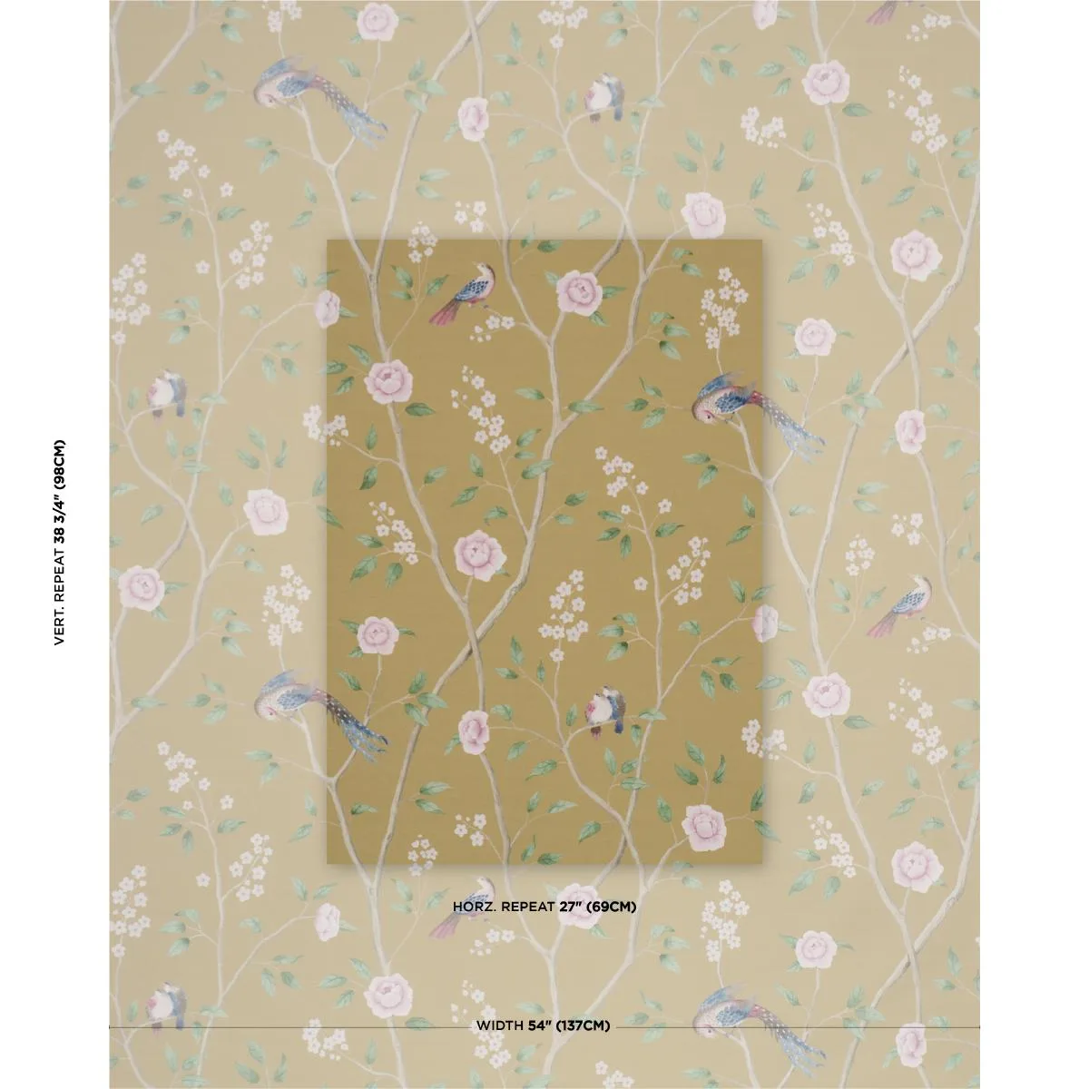 Schumacher 183032 Paradise Birds Gold fabric swatch