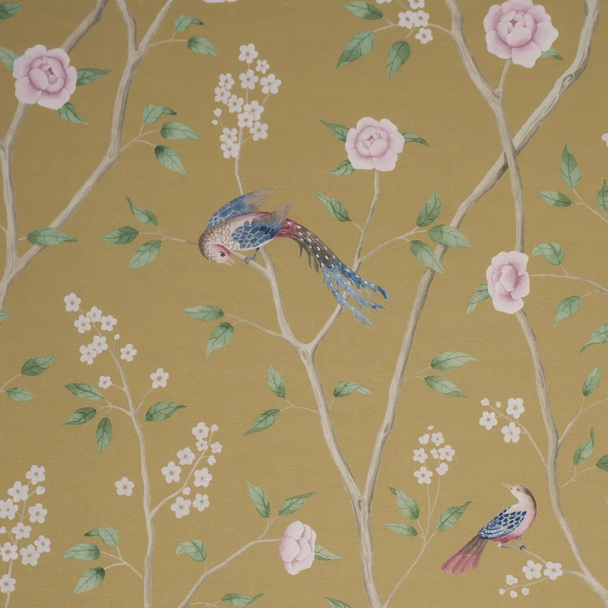 Schumacher 183032 Paradise Birds Gold fabric swatch