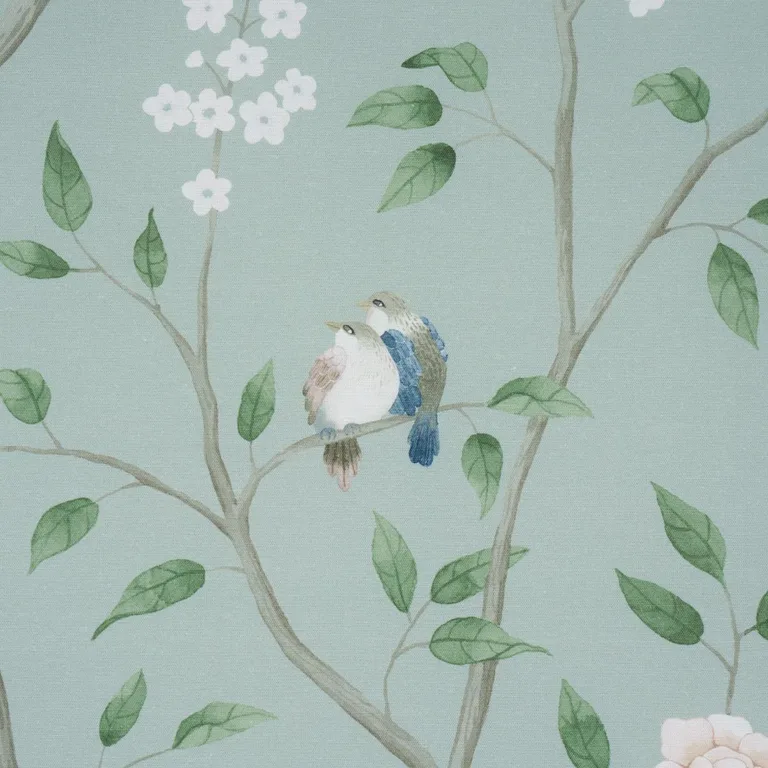 Schumacher 183030 Paradise Birds Mineral fabric swatch