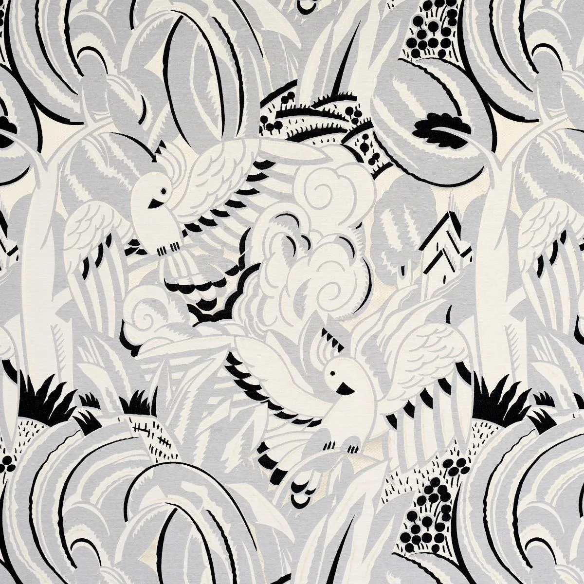 Schumacher 83181 Parrots Moderne Dove fabric swatch