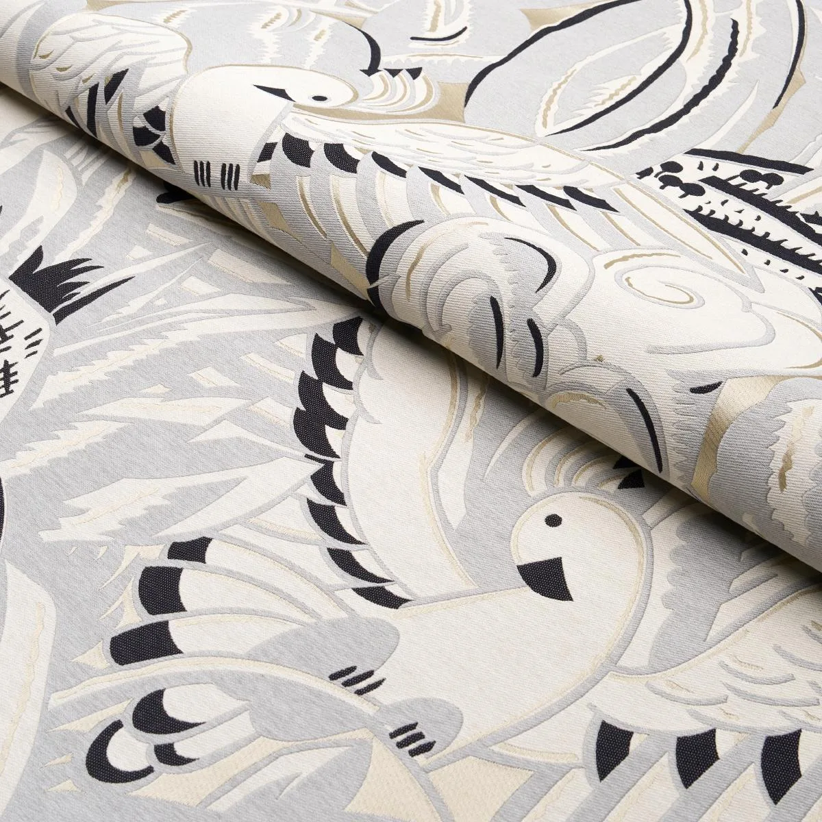 Schumacher 83181 Parrots Moderne Dove fabric swatch