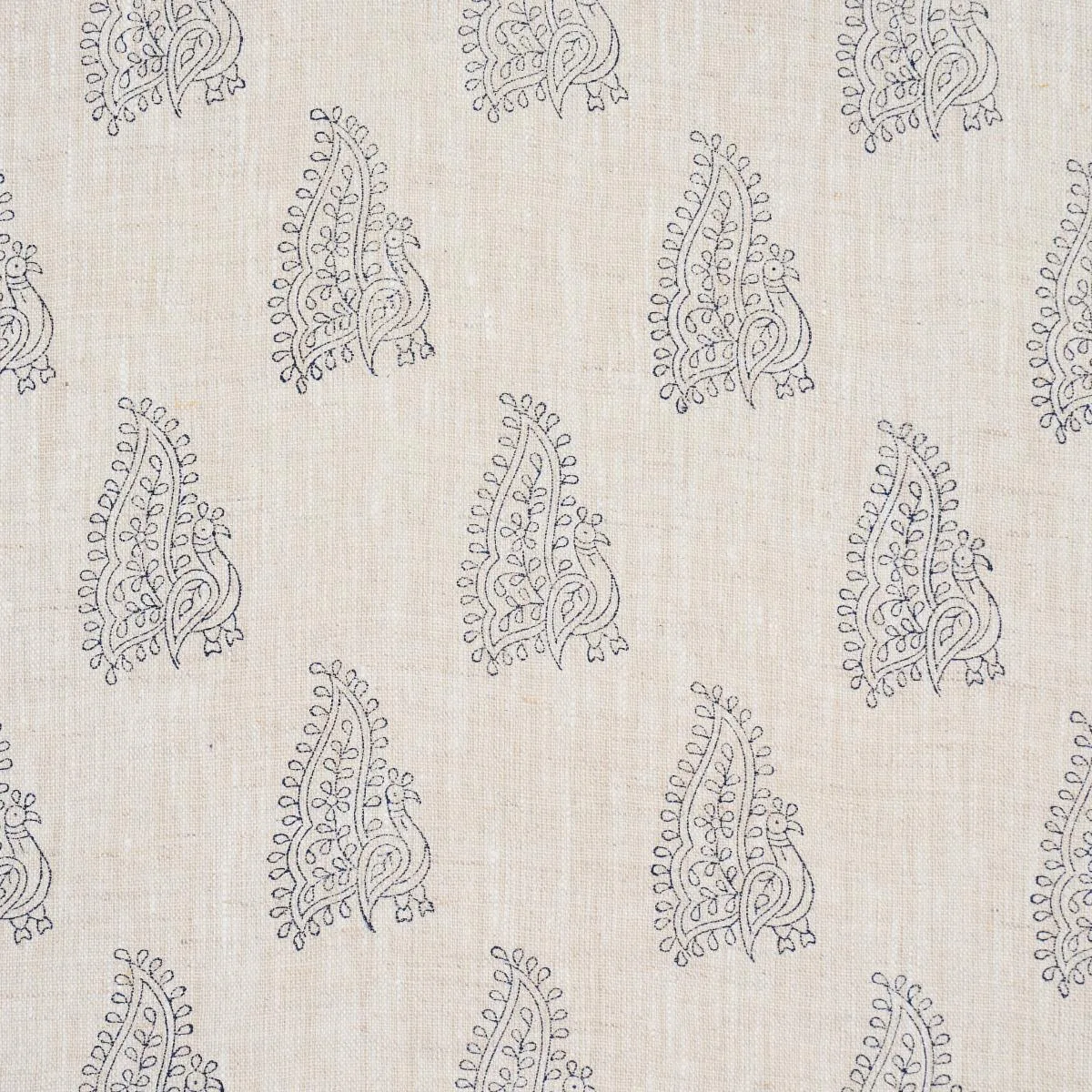 Schumacher 181830 Peacock Linen Hand Blocked Print Navy & Flax fabric swatch