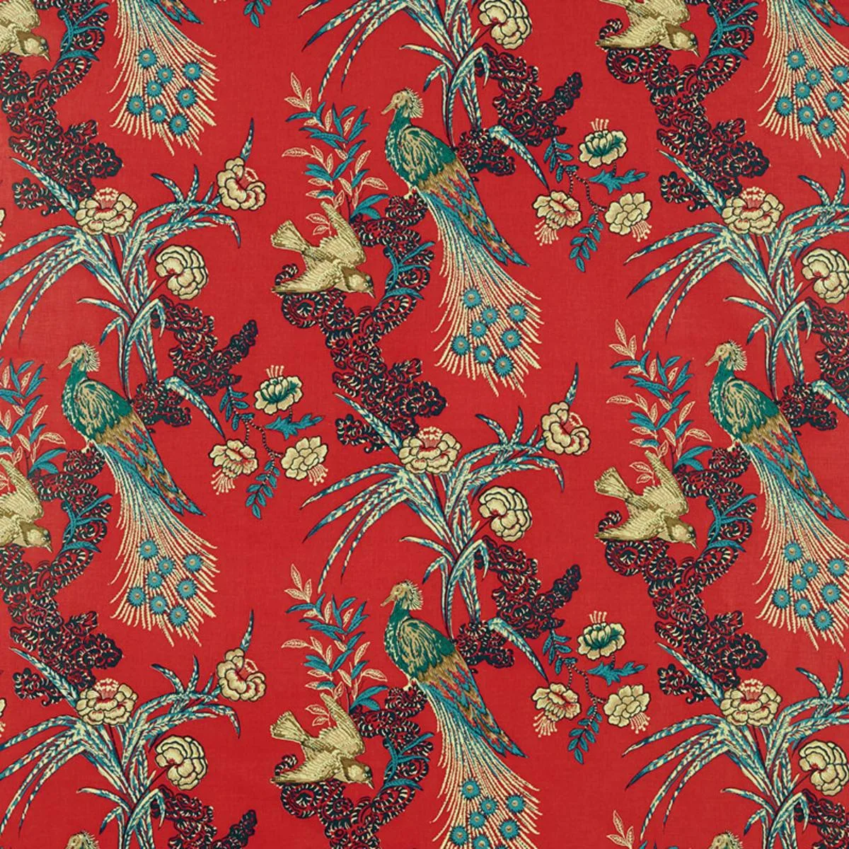 Schumacher 175910 Peacock Red fabric swatch