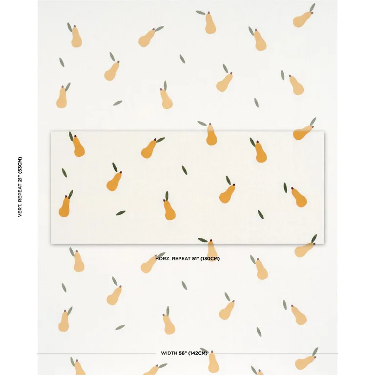 Schumacher 182390 Pears Hand Block Print Green And Ochre On White fabric swatch