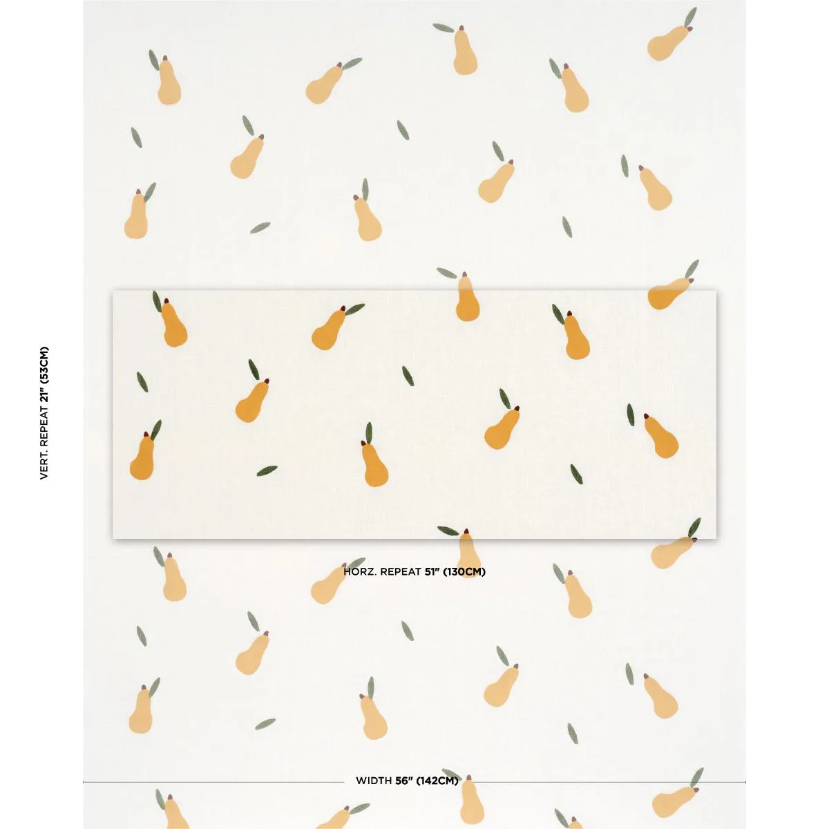 Schumacher 182390 Pears Hand Block Print Green And Ochre On White fabric swatch