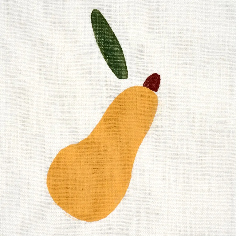 Schumacher 182390 Pears Hand Block Print Green And Ochre On White fabric swatch