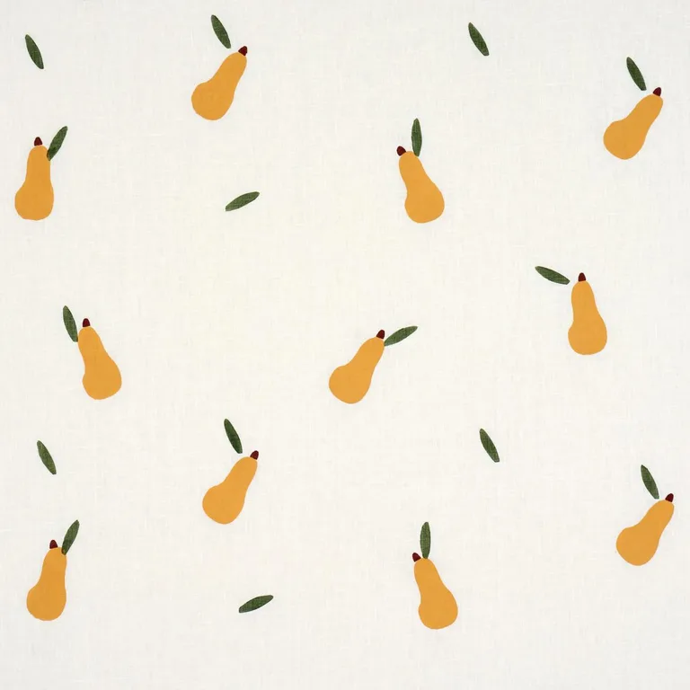 Schumacher 182390 Pears Hand Block Print Green And Ochre On White fabric swatch