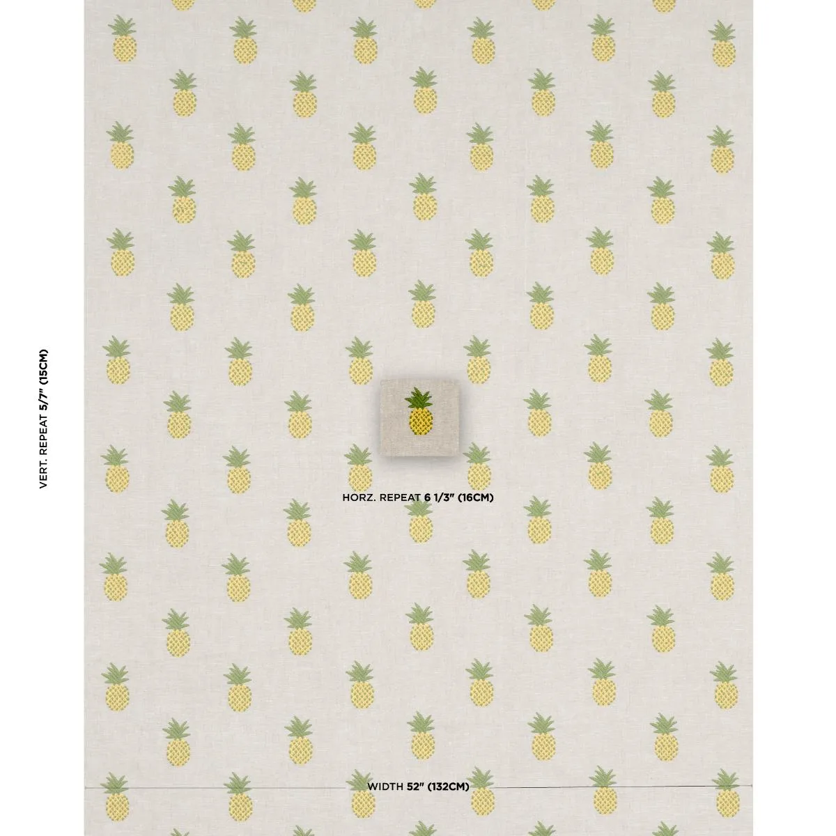 Schumacher 81531 Pineapple Embroidery Green On Natural fabric swatch