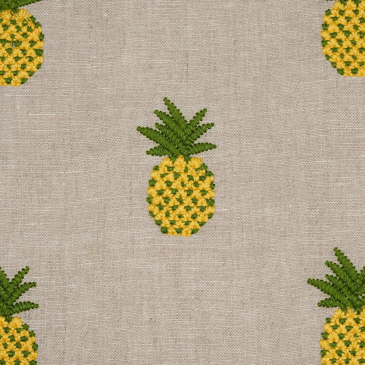 Schumacher 81531 Pineapple Embroidery Green On Natural fabric swatch