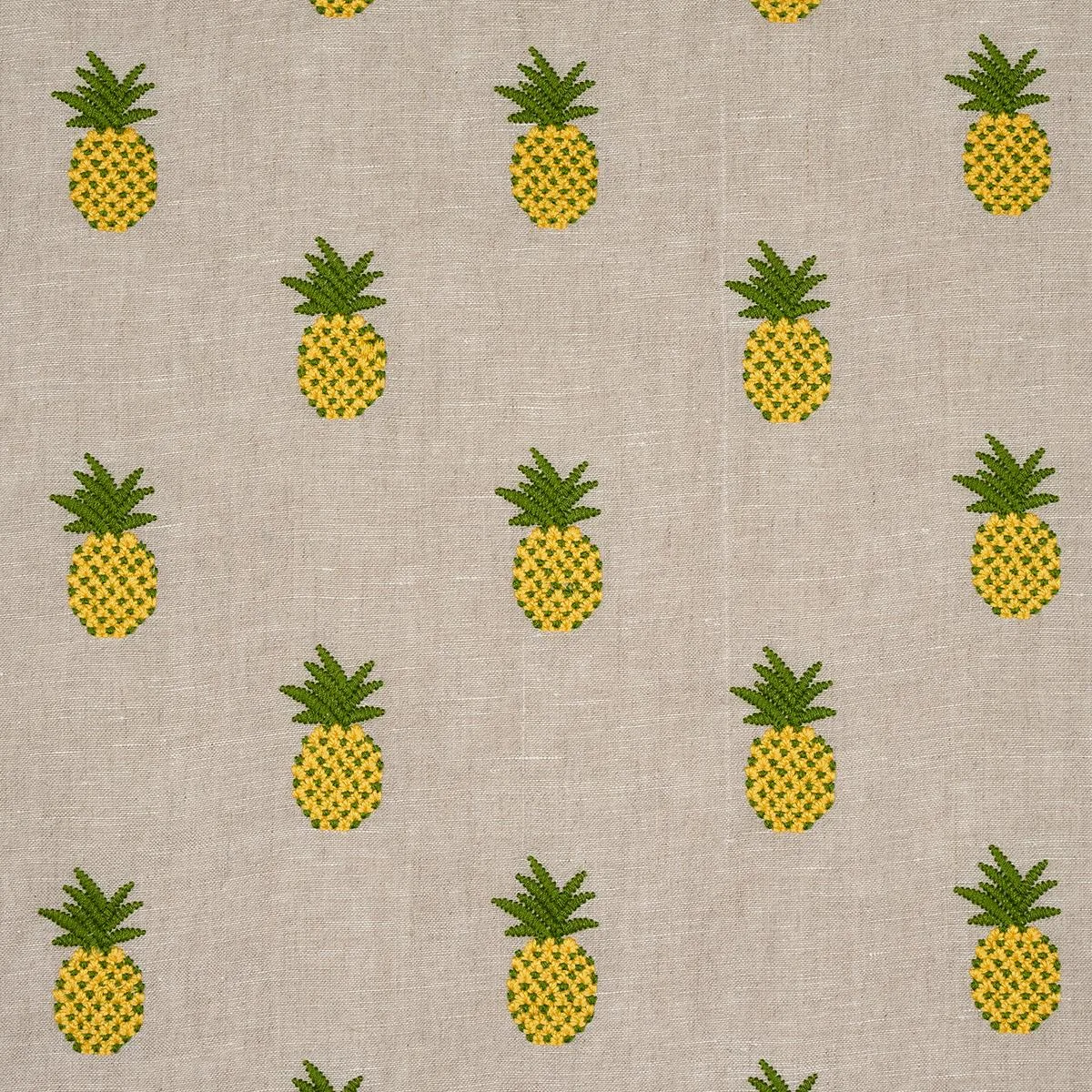 Schumacher 81531 Pineapple Embroidery Green On Natural fabric swatch
