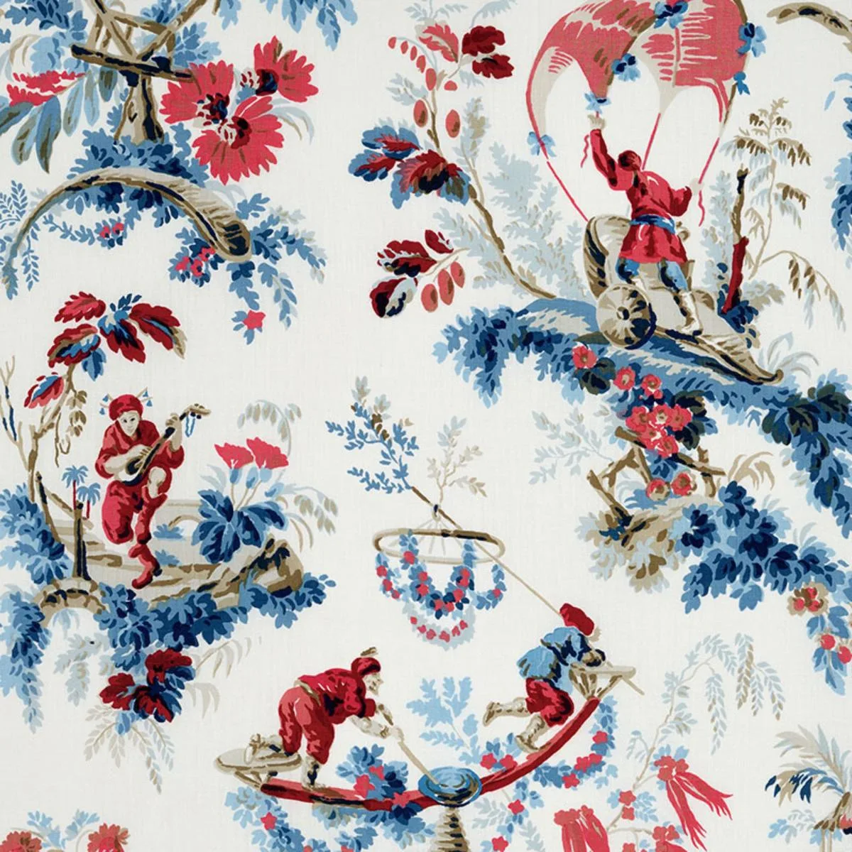 Schumacher 172853 Plaisirs De La Chine Bleu & Rouge fabric swatch