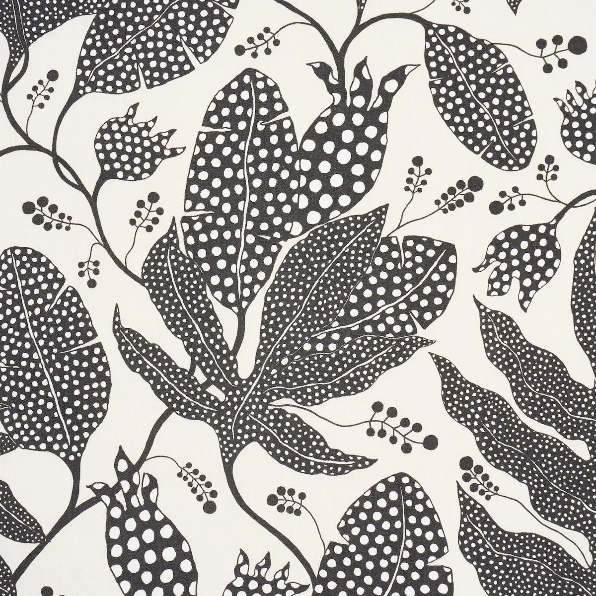 Schumacher 181653 Polka Dot Jungle Black & Cream fabric swatch