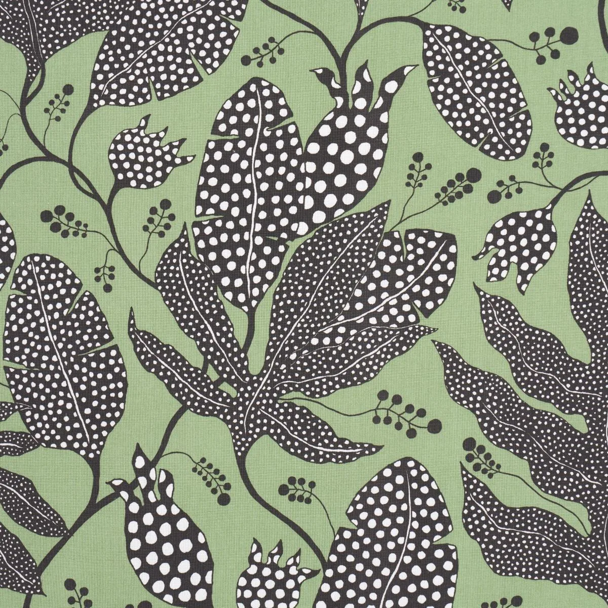 Schumacher 181651 Polka Dot Jungle Black & Green fabric swatch