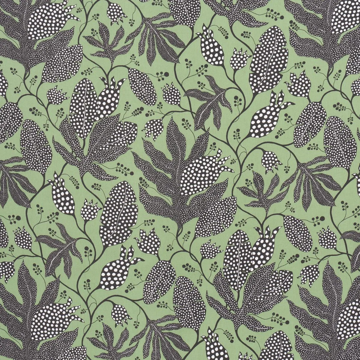 Schumacher 181651 Polka Dot Jungle Black & Green fabric swatch