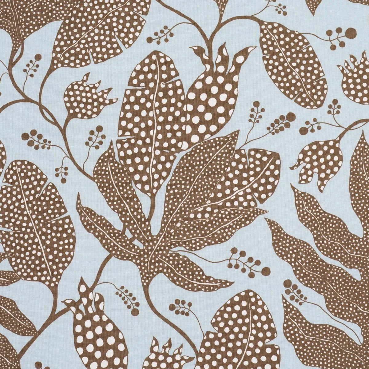 Schumacher 181650 Polka Dot Jungle Brown & Sky fabric swatch