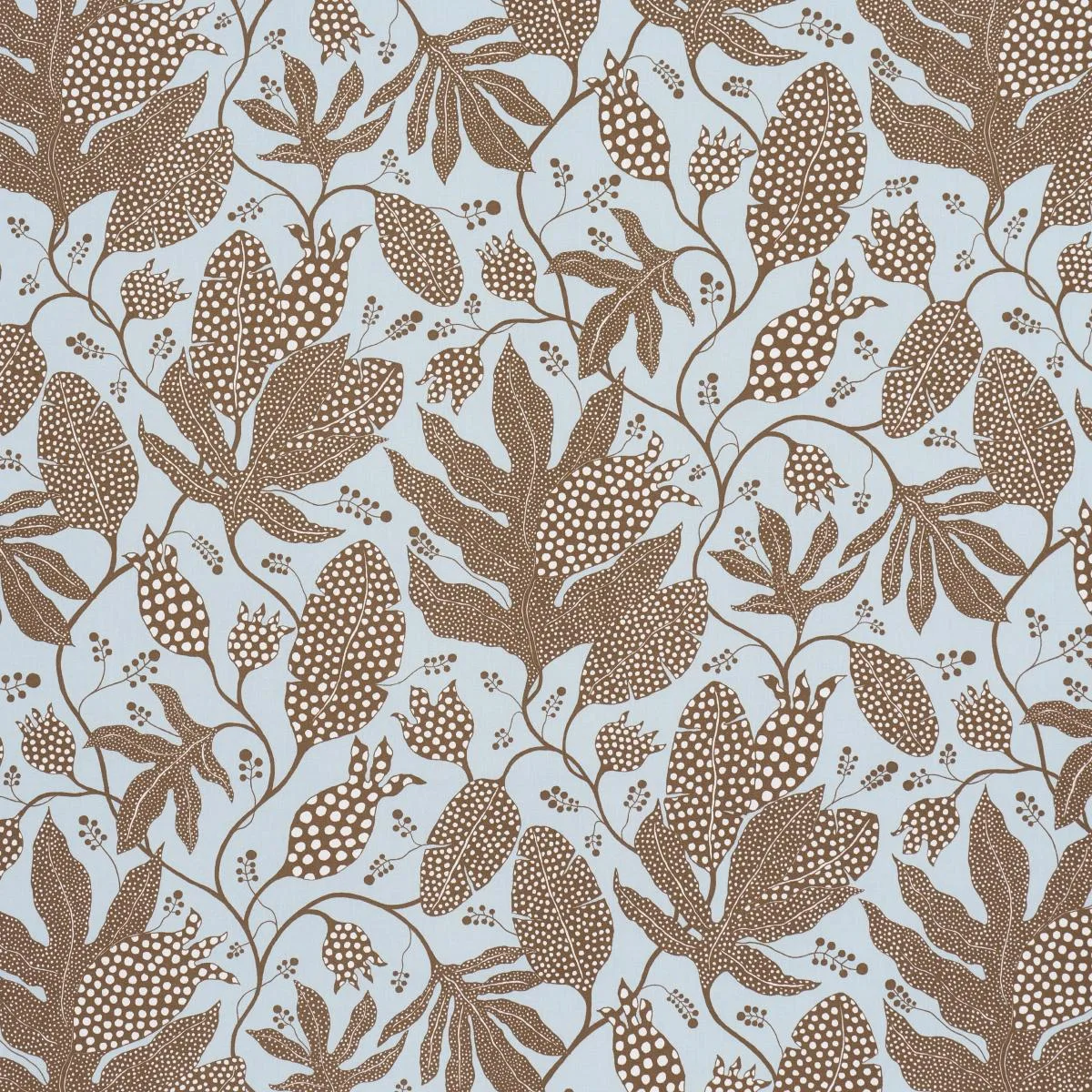 Schumacher 181650 Polka Dot Jungle Brown & Sky fabric swatch