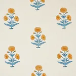 Schumacher 179841 Poppy Hand Block Print Mustard & Sky fabric swatch