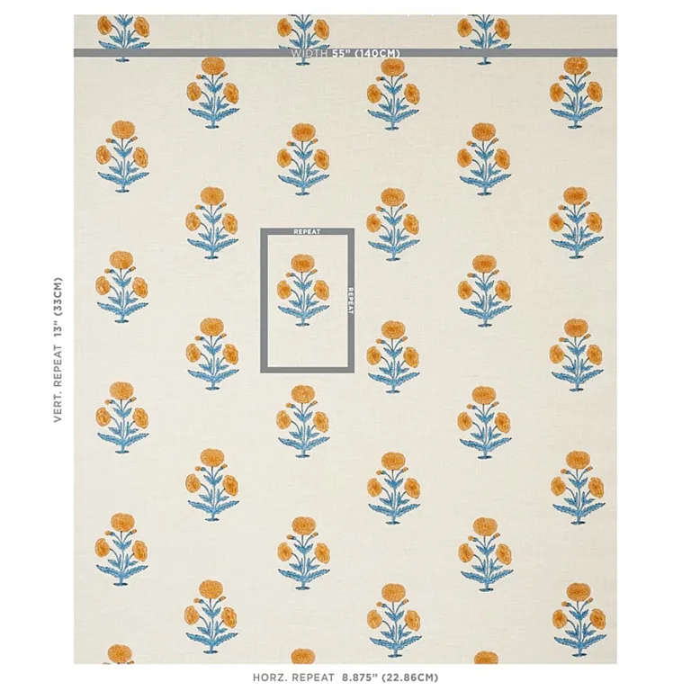 Schumacher 179841 Poppy Hand Block Print Mustard & Sky fabric swatch