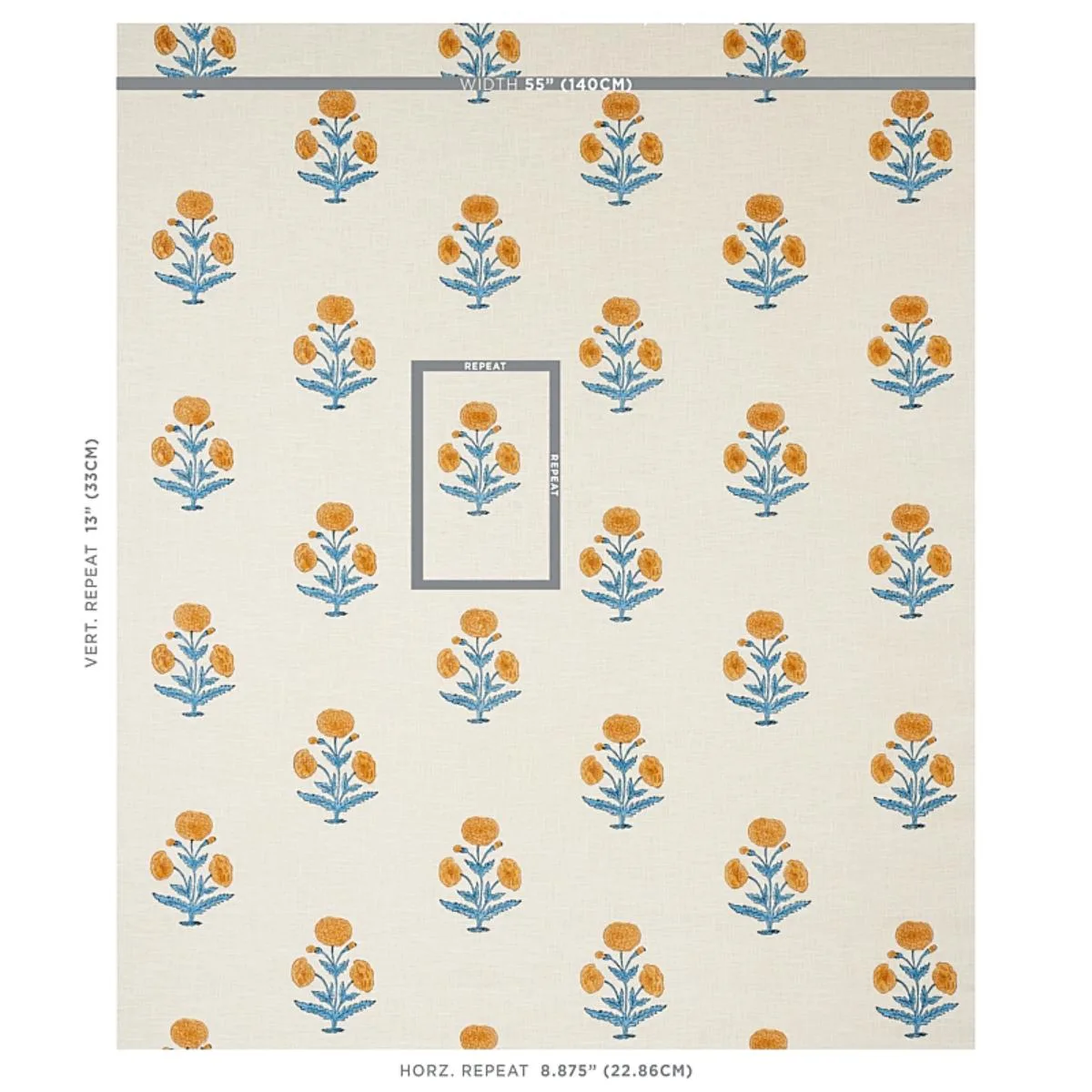 Schumacher 179841 Poppy Hand Block Print Mustard & Sky fabric swatch