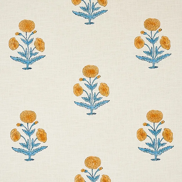 Schumacher 179841 Poppy Hand Block Print Mustard & Sky fabric swatch