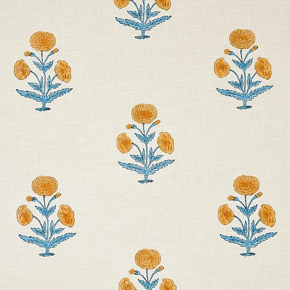 Schumacher 179841 Poppy Hand Block Print Mustard & Sky fabric swatch