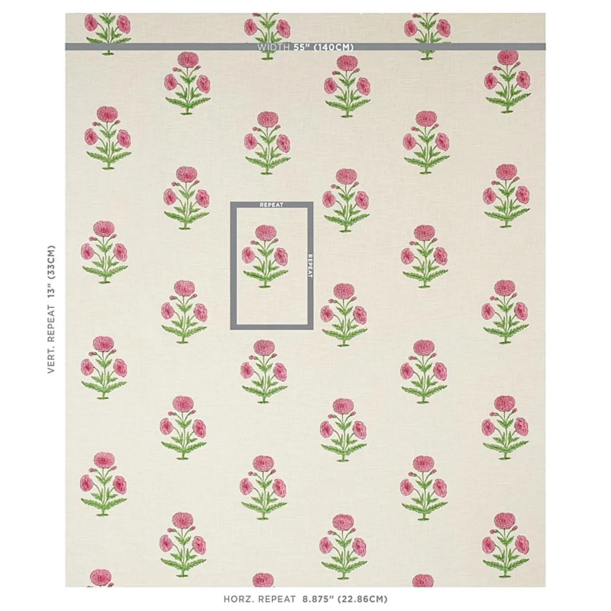 Schumacher 179842 Poppy Hand Block Print Rose & Grass fabric swatch