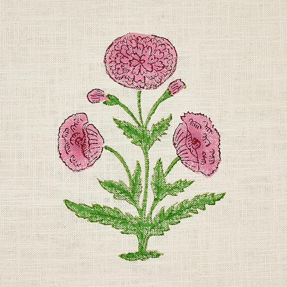 Schumacher 179842 Poppy Hand Block Print Rose & Grass fabric swatch