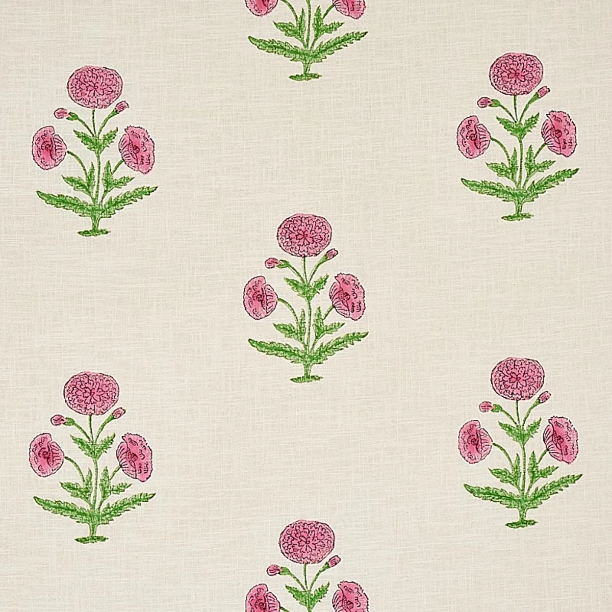 Schumacher 179842 Poppy Hand Block Print Rose & Grass fabric swatch