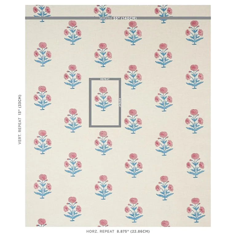 Schumacher 179840 Poppy Hand Block Print Rose & Sky fabric swatch