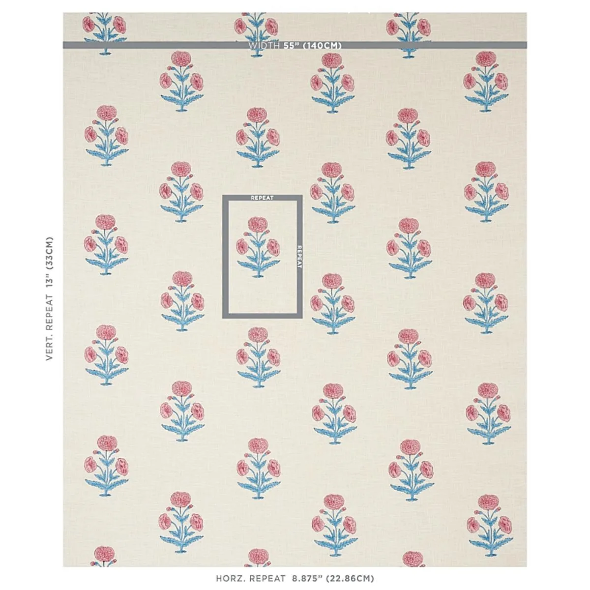 Schumacher 179840 Poppy Hand Block Print Rose & Sky fabric swatch