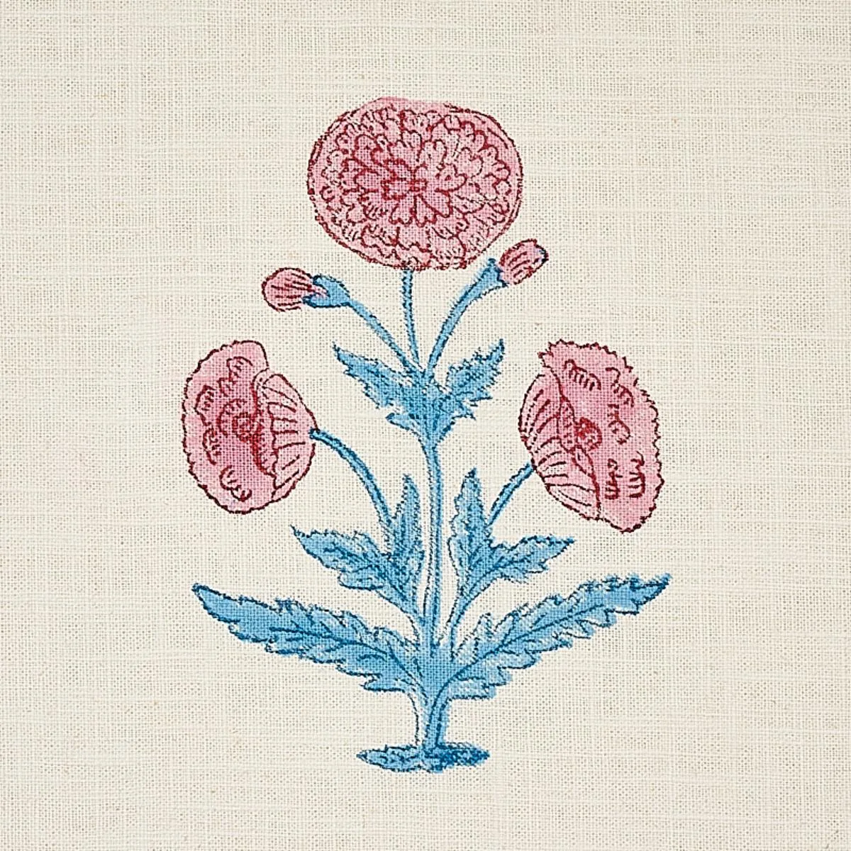 Schumacher 179840 Poppy Hand Block Print Rose & Sky fabric swatch
