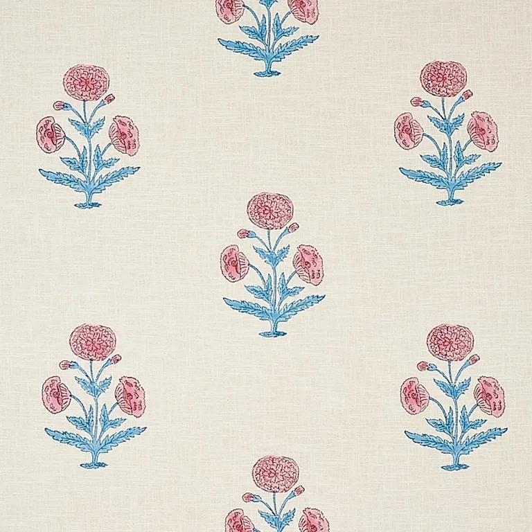 Schumacher 179840 Poppy Hand Block Print Rose & Sky fabric swatch