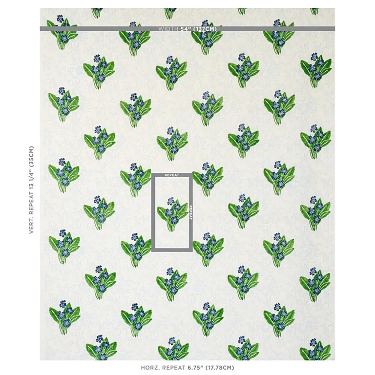 Schumacher 179830 Primrose Hand Block Grass & Sky fabric swatch