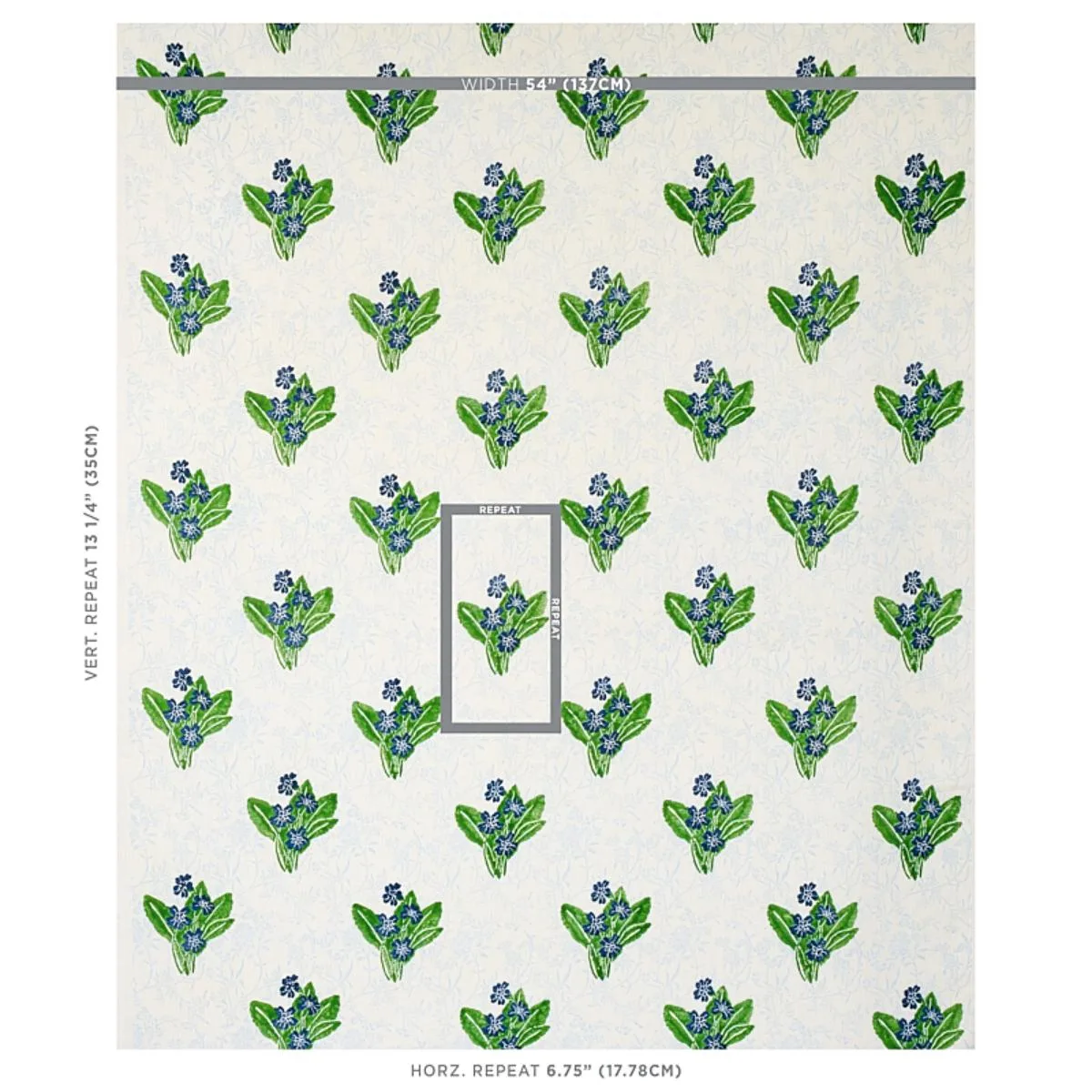 Schumacher 179830 Primrose Hand Block Grass & Sky fabric swatch