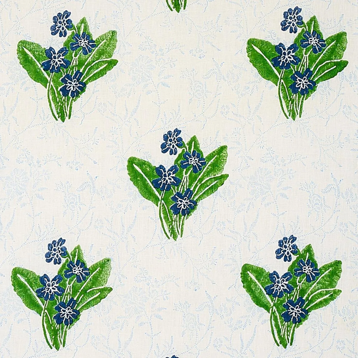 Schumacher 179830 Primrose Hand Block Grass & Sky fabric swatch