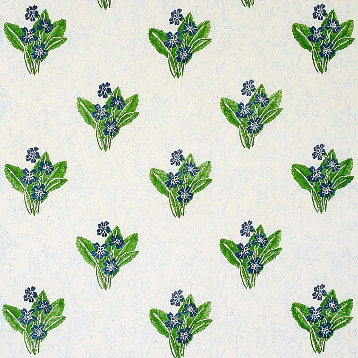 Schumacher 179830 Primrose Hand Block Grass & Sky fabric swatch