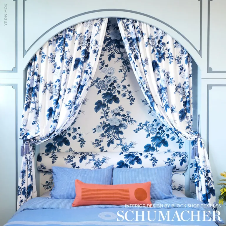 Schumacher 174452 Pyne Hollyhock Indigo fabric swatch