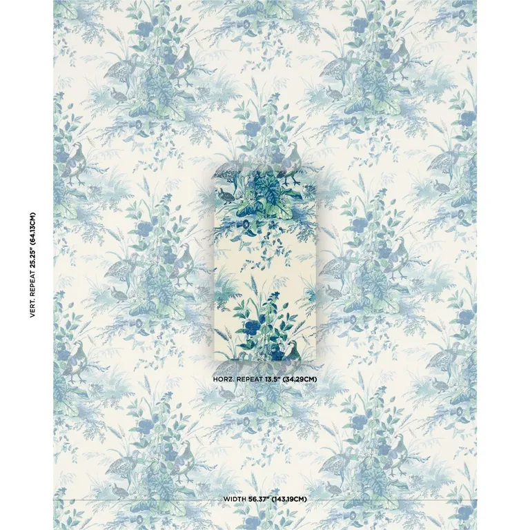 Schumacher 1106044 Quail Meadow Peacock fabric swatch