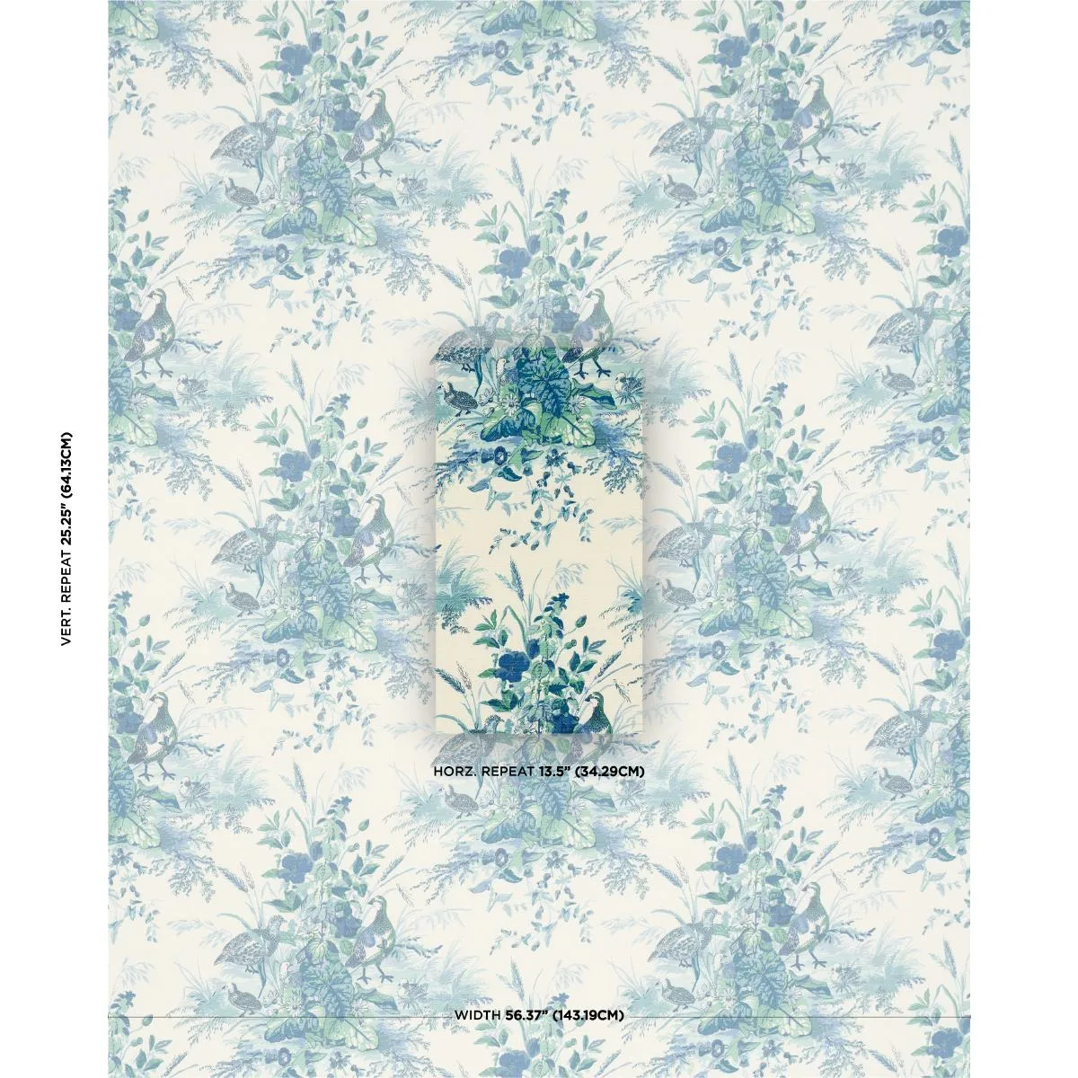 Schumacher 1106044 Quail Meadow Peacock fabric swatch