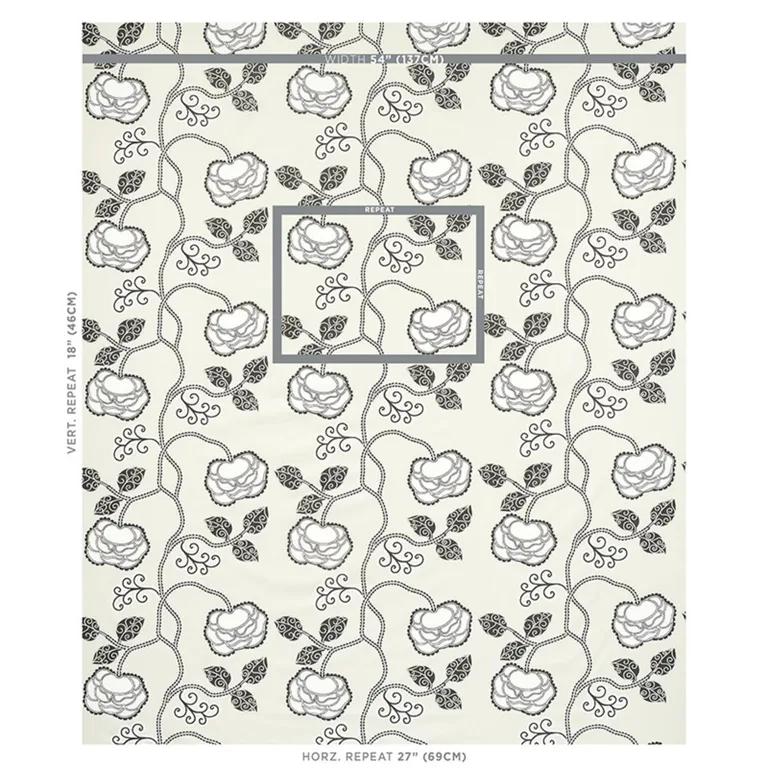 Schumacher 179541 Queen Fruit Chintz Ebony Ivory fabric swatch