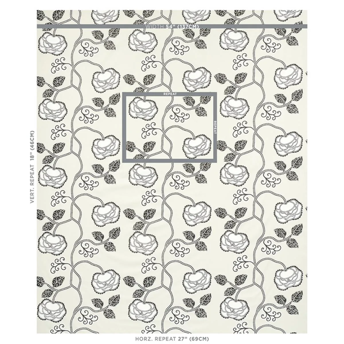Schumacher 179541 Queen Fruit Chintz Ebony Ivory fabric swatch