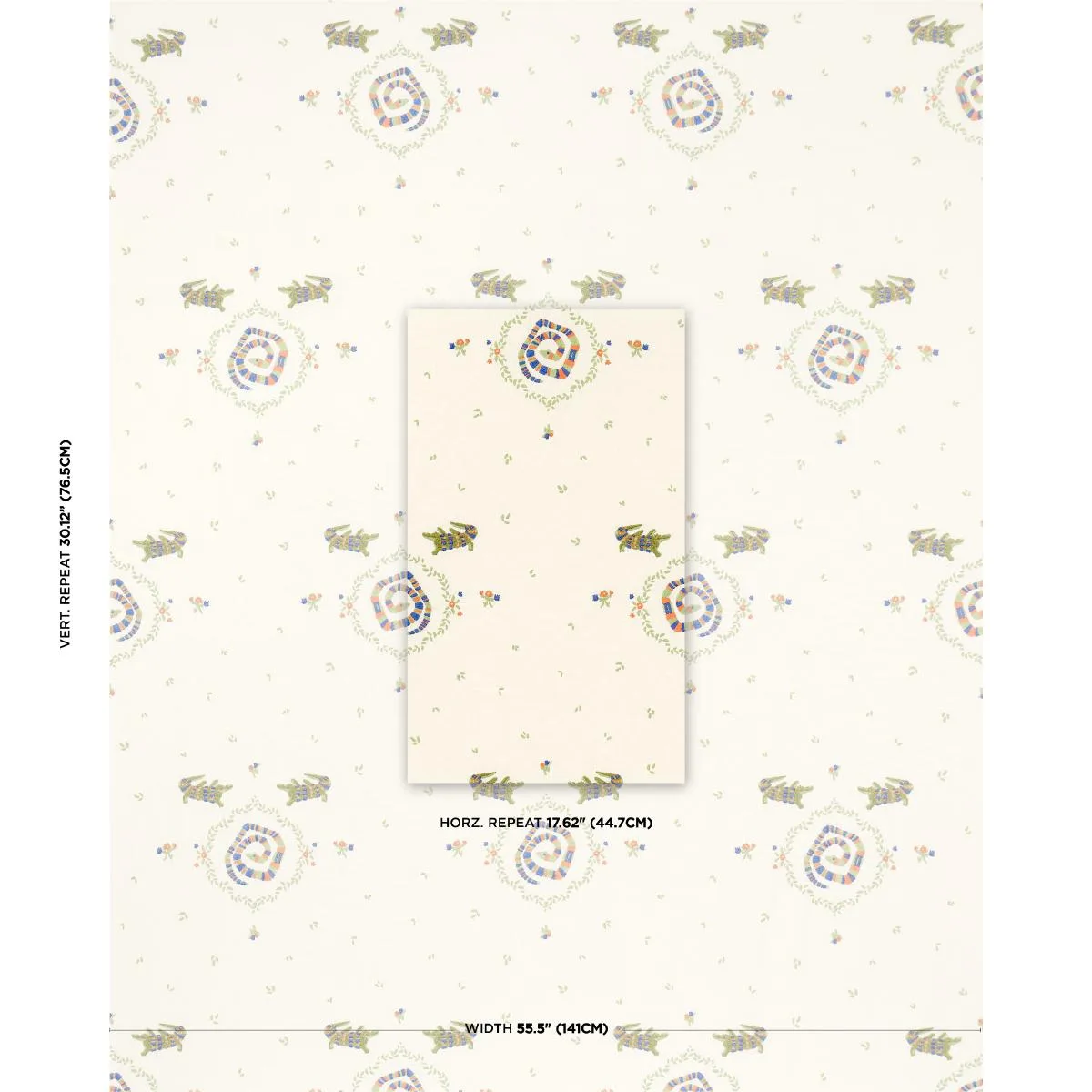 Schumacher 84540 Reptilia Embroidery Bright Multi On Ivory fabric swatch