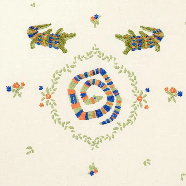 Schumacher 84540 Reptilia Embroidery Bright Multi On Ivory fabric swatch