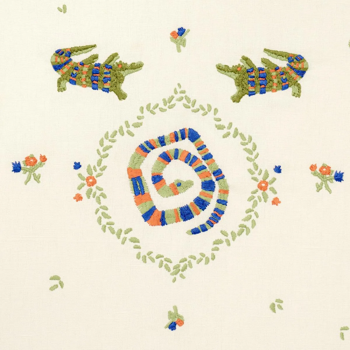 Schumacher 84540 Reptilia Embroidery Bright Multi On Ivory fabric swatch